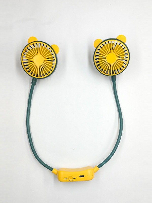 Yellow and green portable neck fan with flexible dual heads on a white background