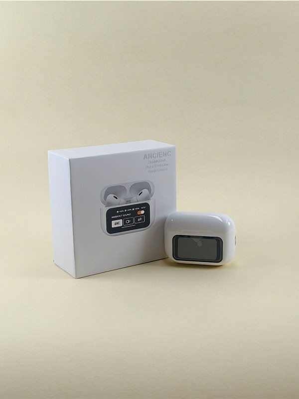 A9 Pro white wireless earbuds featuring a smart touch LCD screen on the charging case for music and setting controls.