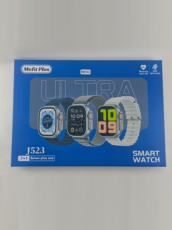 2 Mefit Plus J523 Ultra watch face and colorful silicone, steel, and textile straps.