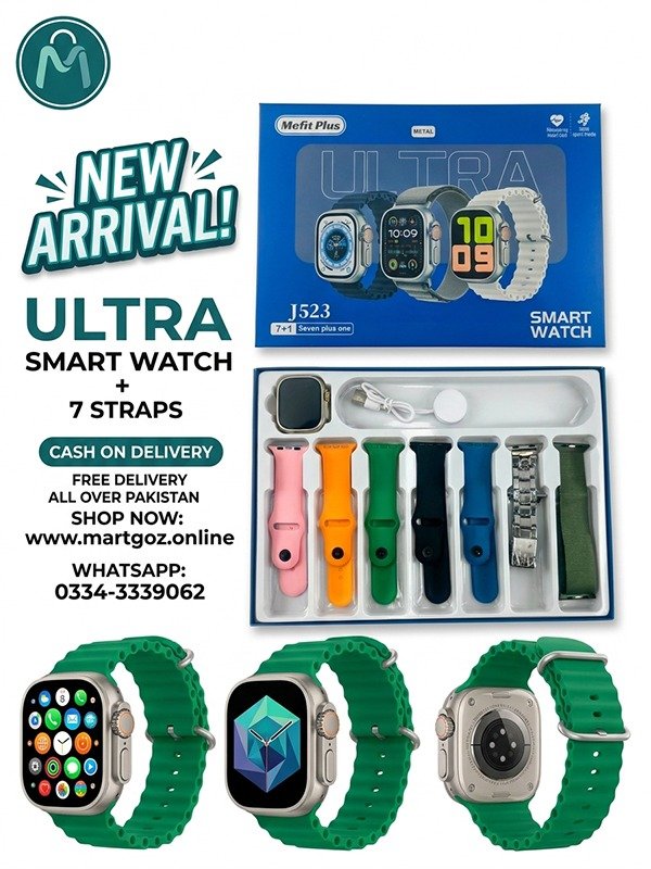 Mefit Plus J523 Ultra Smartwatch box with 7 strap options.