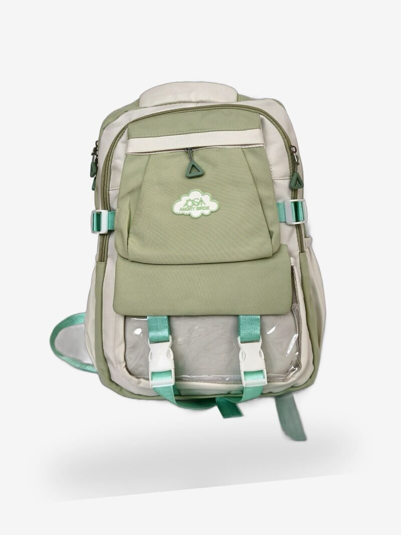 Angry Birds Green Sage Green Kids School Backpack – Cartoon Bird Patch, 16x12 Inch Lightweight Bag for Boys & Girls