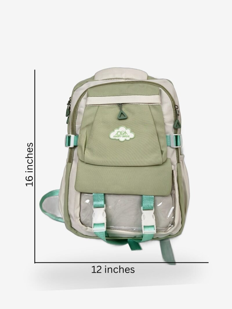Angry Birds Green Sizes Sage Green Kids School Backpack – Cartoon Bird Patch, 16x12 Inch Lightweight Bag for Boys & Girls