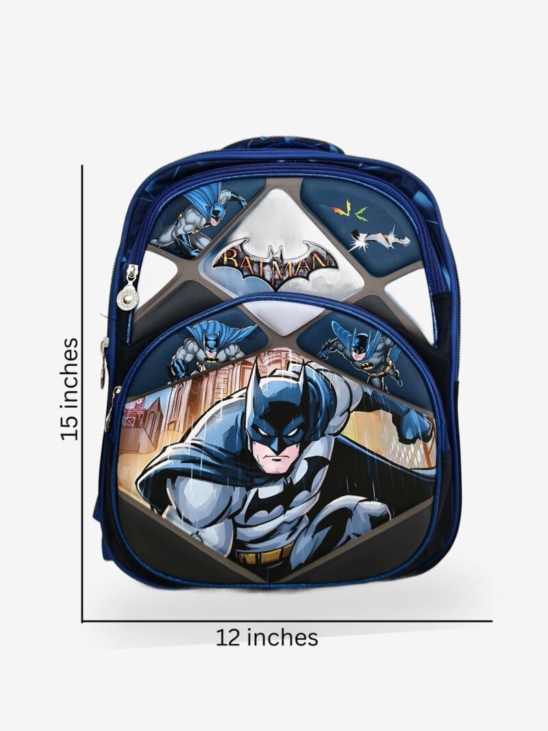 Batman 1 Sizes Black kids backpack front view showing 15 x 12 inch dimensions with cartoon character print