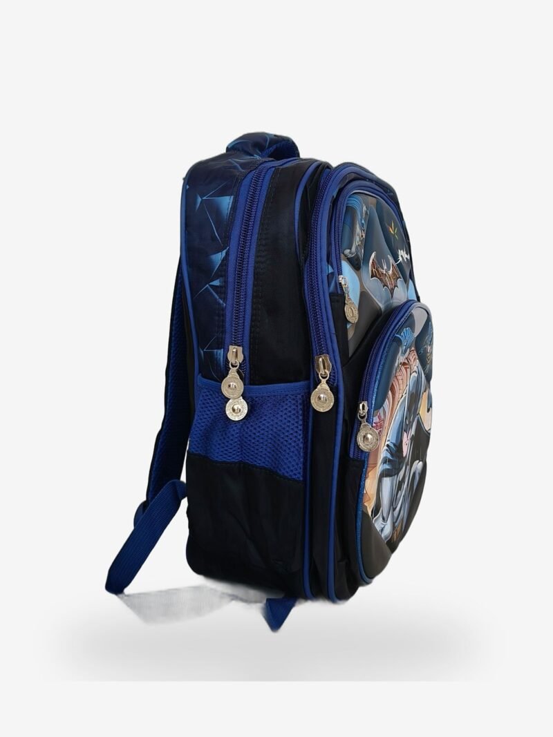 Batman 2 Black kids backpack front view showing 15 x 12 inch dimensions with cartoon character print