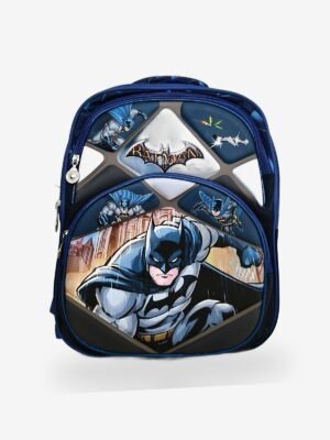 Batman Black kids backpack front view showing 15 x 12 inch dimensions with cartoon character print
