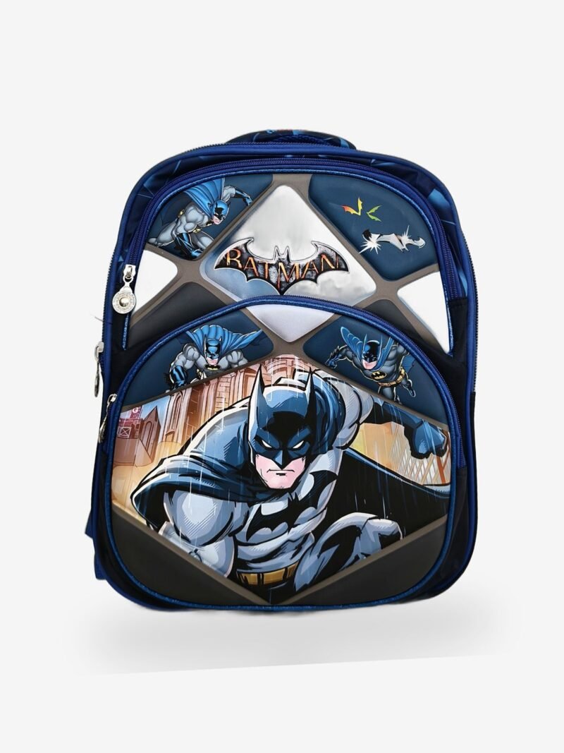 Batman Black kids backpack front view showing 15 x 12 inch dimensions with cartoon character print