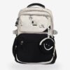 Black 1 Fashion black and beige backpack front view showing 16 x 12 inch dimensions with smiley mini pouch