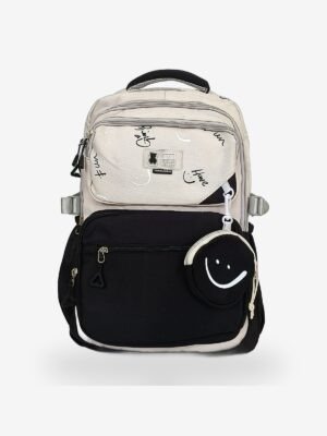 Black 1 Fashion black and beige backpack front view showing 16 x 12 inch dimensions with smiley mini pouch