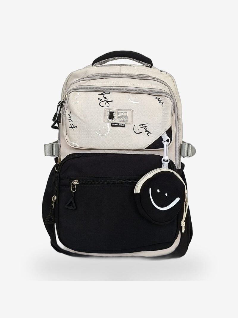 Black 1 Fashion black and beige backpack front view showing 16 x 12 inch dimensions with smiley mini pouch