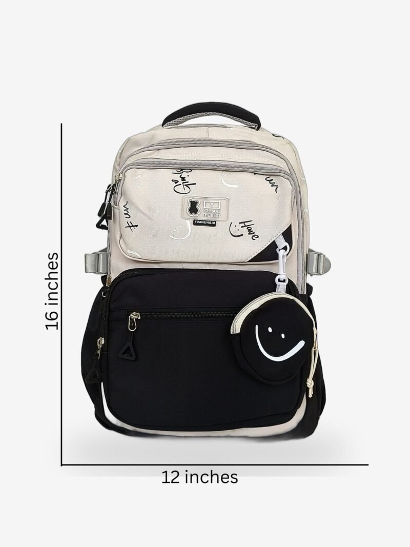 Black 1 sizes Fashion black and beige backpack front view showing 16 x 12 inch dimensions with smiley mini pouch
