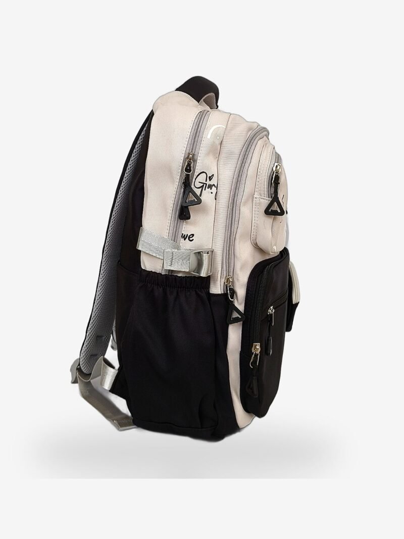 Black 2 Fashion black and beige backpack front view showing 16 x 12 inch dimensions with smiley mini pouch