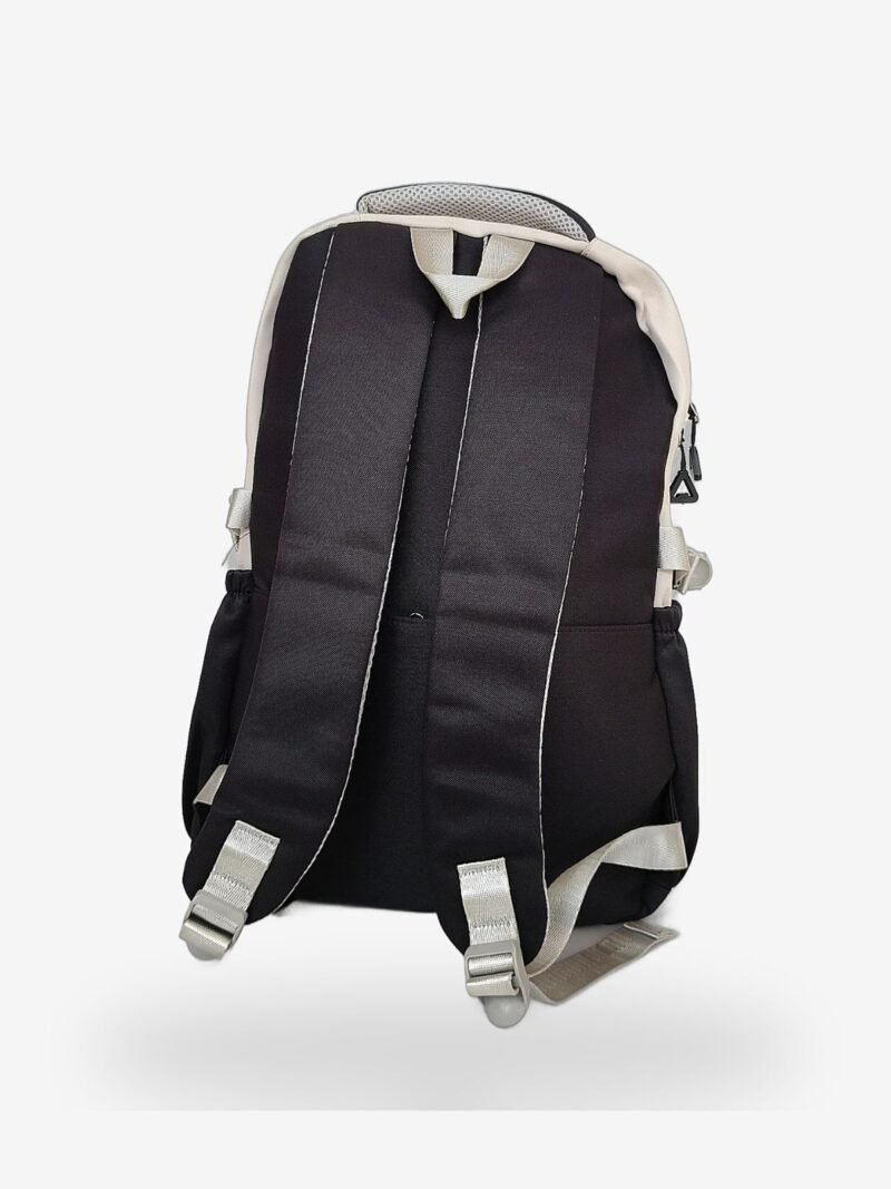 Black 3 Fashion black and beige backpack front view showing 16 x 12 inch dimensions with smiley mini pouch