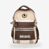 Brave Brown 1 Fashion brown-beige backpack front view showing 16 x 12 inch dimensions with octopus patch