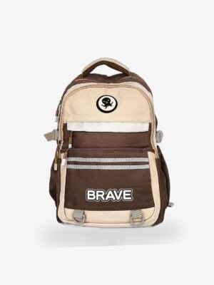 Brave Brown 1 Fashion brown-beige backpack front view showing 16 x 12 inch dimensions with octopus patch