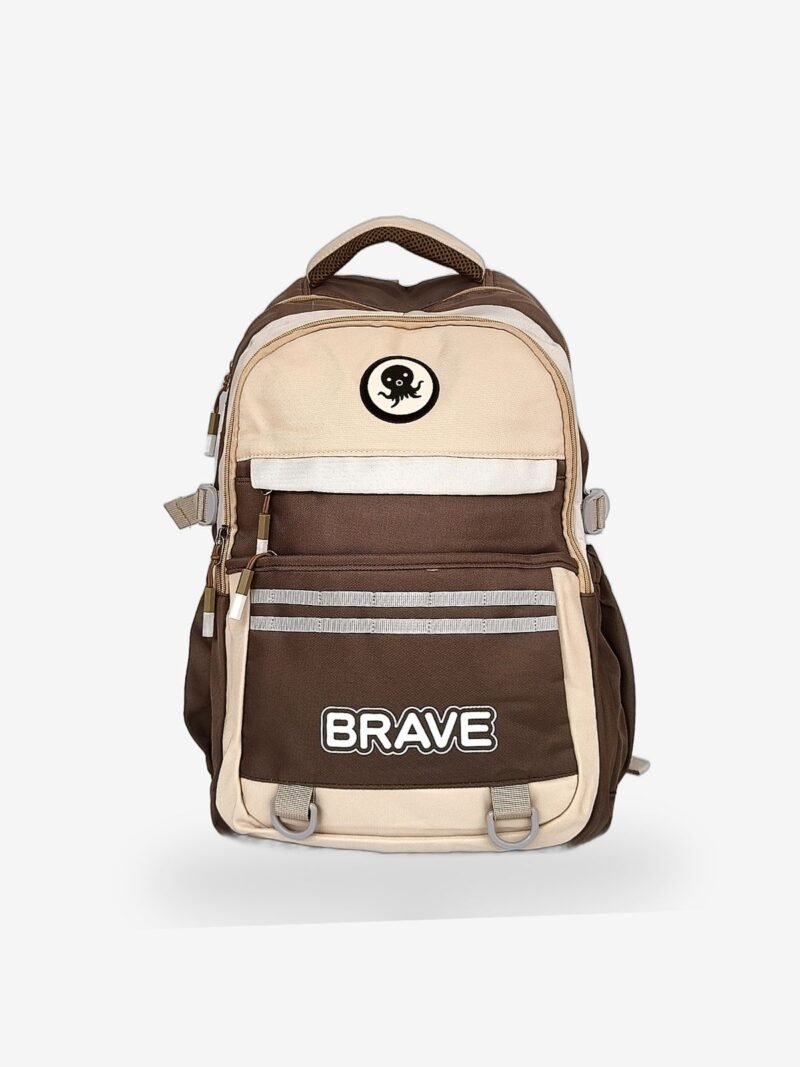 Brave Brown 1 Fashion brown-beige backpack front view showing 16 x 12 inch dimensions with octopus patch