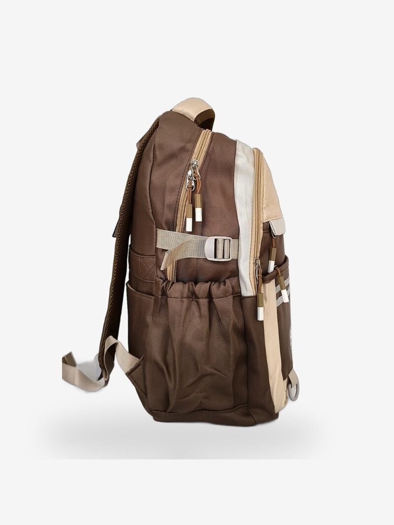 Brave Brown 2 Fashion brown-beige backpack front view showing 16 x 12 inch dimensions with octopus patch
