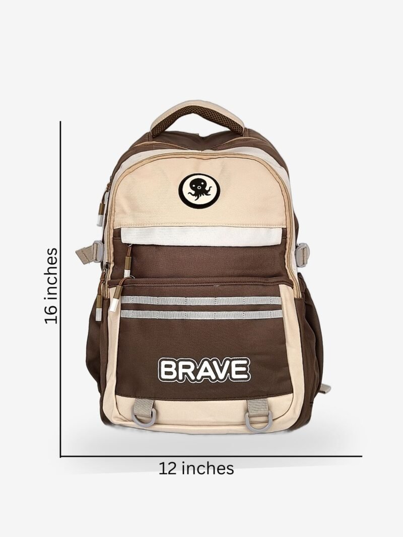 Brave Brown Size Fashion brown-beige backpack front view showing 16 x 12 inch dimensions with octopus patch