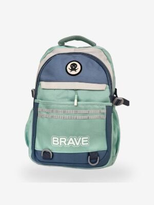 Brave Green Fashion green-blue backpack front view showing 16 x 12 inch dimensions with octopus patch