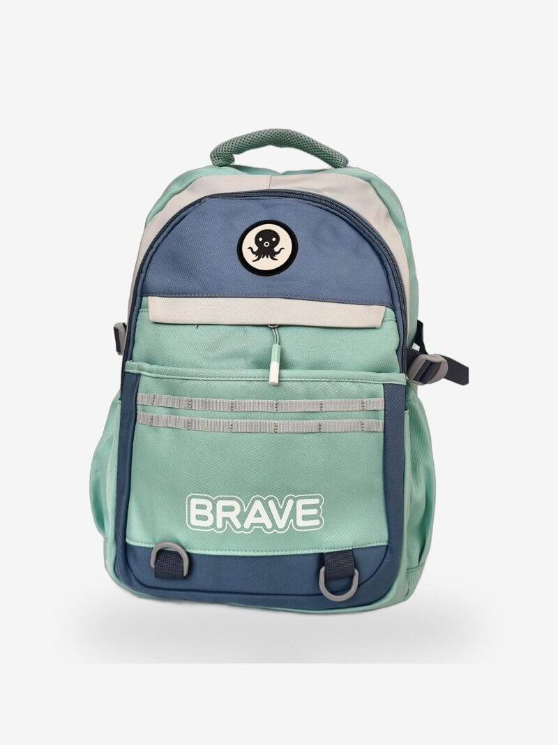 Brave Green Fashion green-blue backpack front view showing 16 x 12 inch dimensions with octopus patch