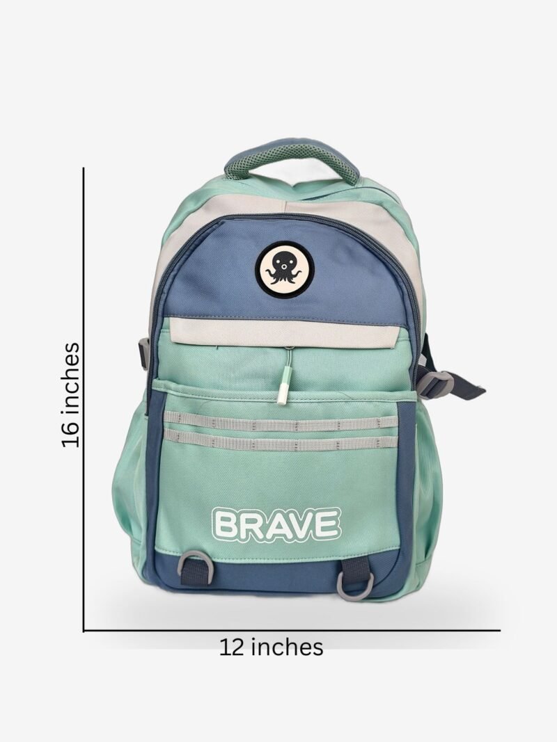 Brave Green Size Fashion green-blue backpack front view showing 16 x 12 inch dimensions with octopus patch