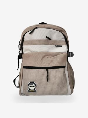 Fashion Brown 1 Fashion Brown Backpack front view with laptop compartment and cartoon patch design