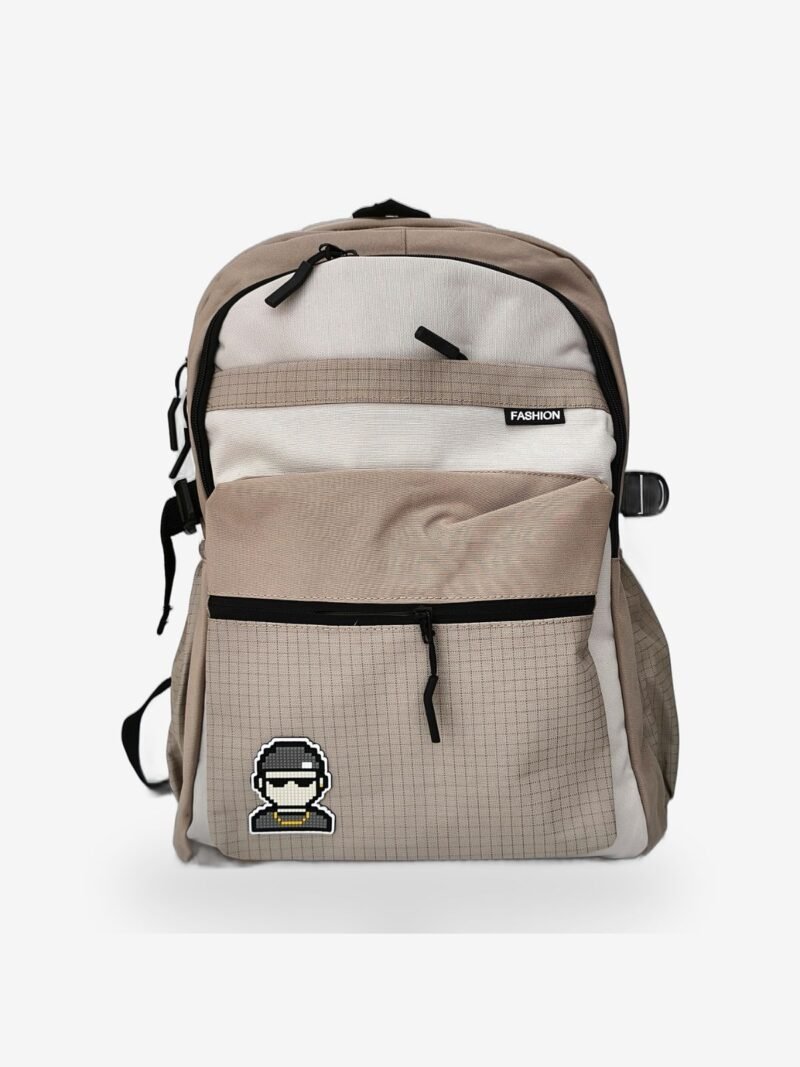 Fashion Brown 1 Fashion Brown Backpack front view with laptop compartment and cartoon patch design