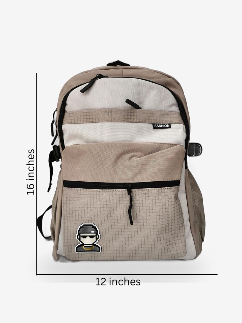 Fashion Brown 1 - Sizes Fashion Brown Backpack front view with laptop compartment and cartoon patch design