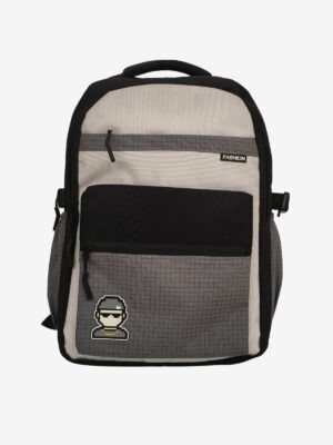 Fashion Gray 1 Fashion Gray Backpack front view showing 16 x 12 inch dimensions with cartoon patch design