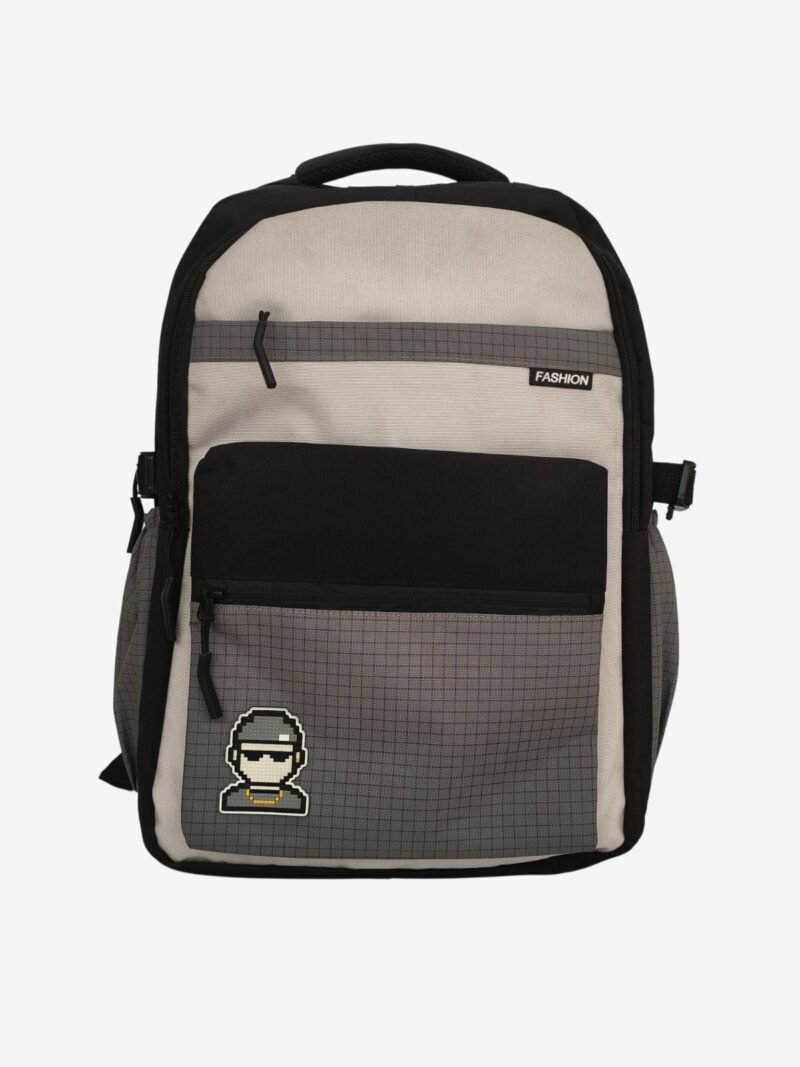 Fashion Gray 1 Fashion Gray Backpack front view showing 16 x 12 inch dimensions with cartoon patch design