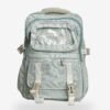 Large Green 1 Large sage green backpack front view showing 18 x 12 inch dimensions and clear display pocket