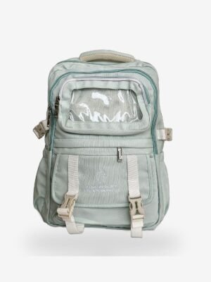 Large Green 1 Large sage green backpack front view showing 18 x 12 inch dimensions and clear display pocket