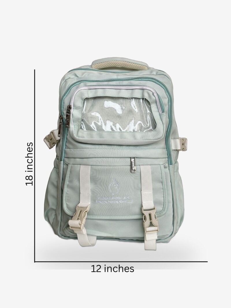 Large Green 1 size Large sage green backpack front view showing 18 x 12 inch dimensions and clear display pocket