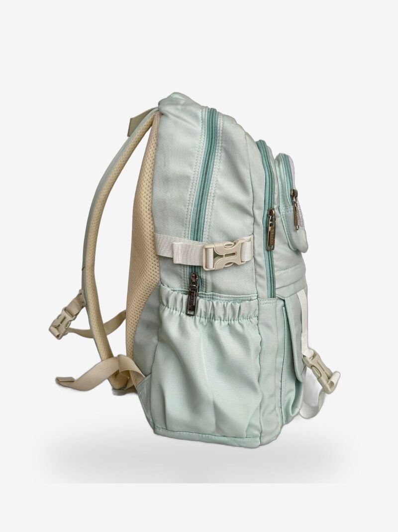 Large Green 2 Large sage green backpack front view showing 18 x 12 inch dimensions and clear display pocket