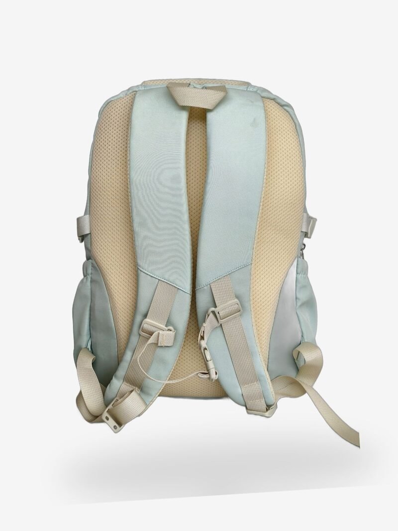 Large Green 3 Large sage green backpack front view showing 18 x 12 inch dimensions and clear display pocket