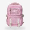 Large Pink 1 Large pink backpack front view showing 18 x 12 inch dimensions and clear display pocket
