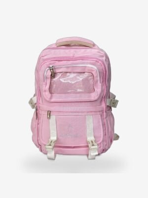 Large Pink 1 Large pink backpack front view showing 18 x 12 inch dimensions and clear display pocket