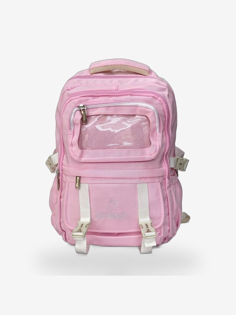 Large Pink 1 Large pink backpack front view showing 18 x 12 inch dimensions and clear display pocket