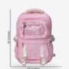 Large Pink 1 size Large pink backpack front view showing 18 x 12 inch dimensions and clear display pocket