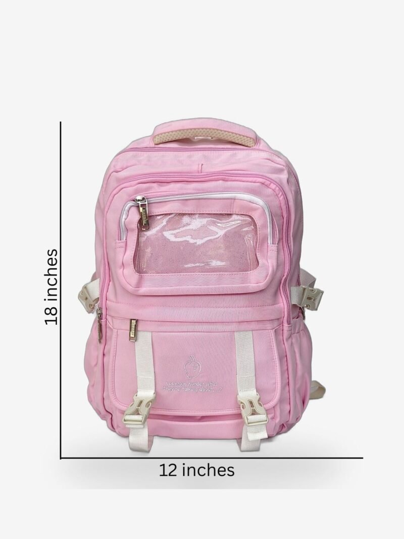 Large Pink 1 size Large pink backpack front view showing 18 x 12 inch dimensions and clear display pocket
