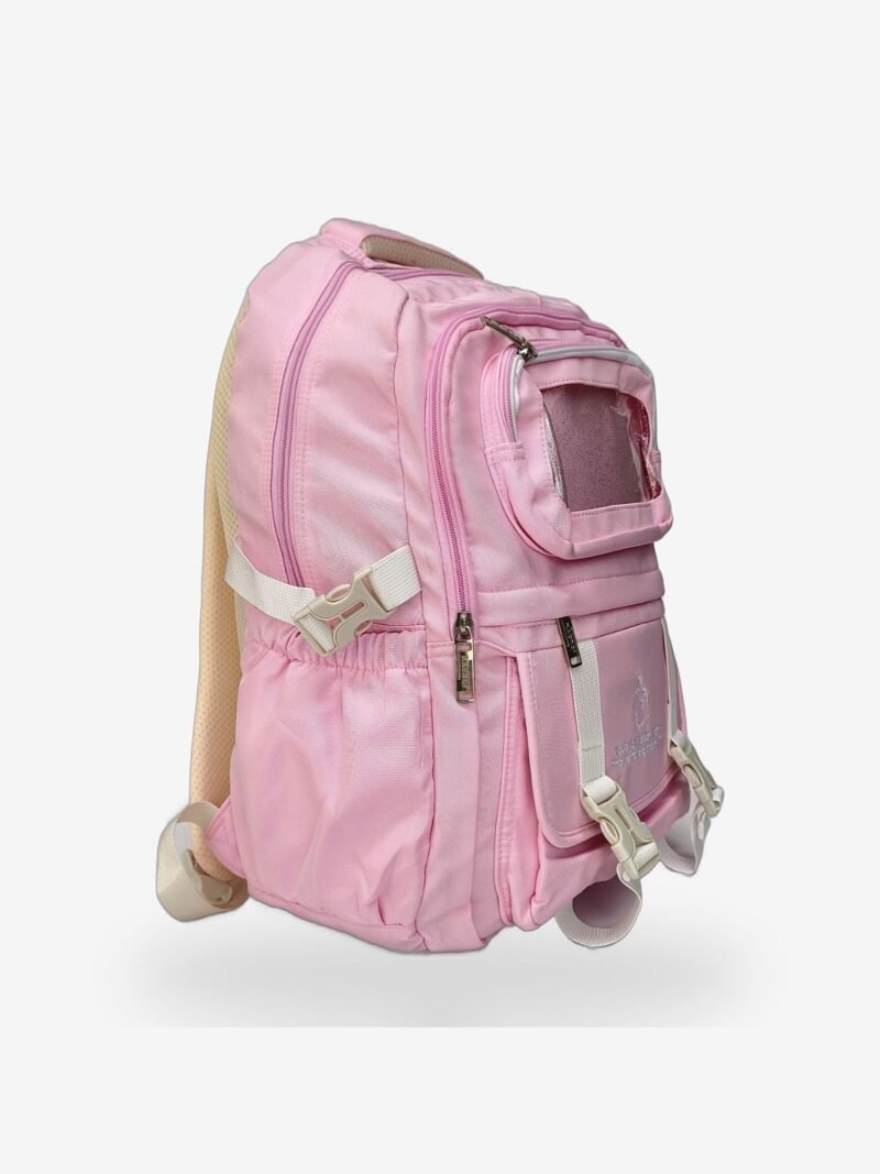 Large Pink 2 Large pink backpack front view showing 18 x 12 inch dimensions and clear display pocket