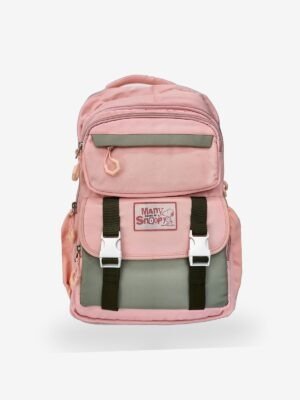 Pink 1 Fashion pink backpack front view showing 17 x 12 inch dimensions and buckle flap design