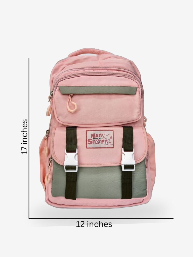 Pink 1 size Fashion pink backpack front view showing 17 x 12 inch dimensions and buckle flap design