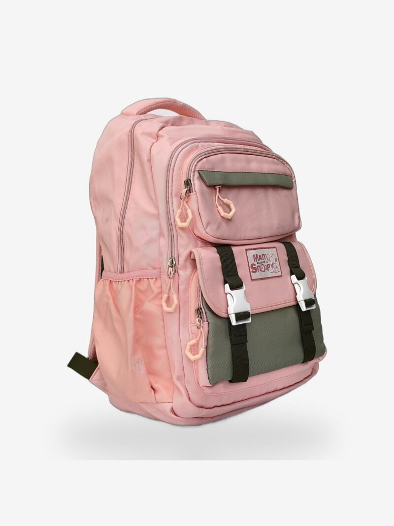 Pink 2 Fashion pink backpack front view showing 17 x 12 inch dimensions and buckle flap design