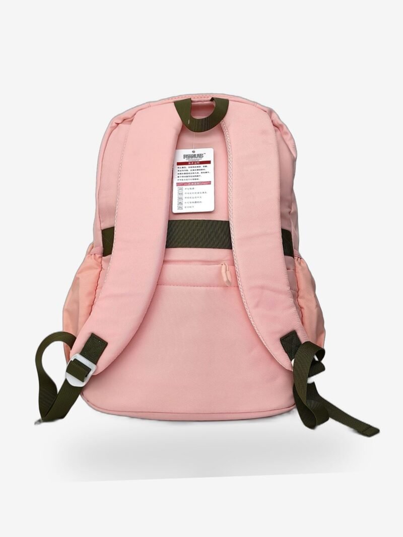 Pink 3 Fashion pink backpack front view showing 17 x 12 inch dimensions and buckle flap design