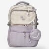 Purple 1 Fashion purple backpack front view showing 16 x 12 inch dimensions with smiley mini pouch
