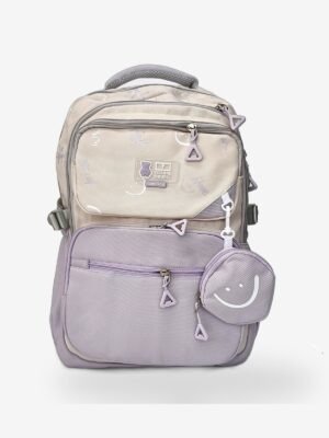 Purple 1 Fashion purple backpack front view showing 16 x 12 inch dimensions with smiley mini pouch
