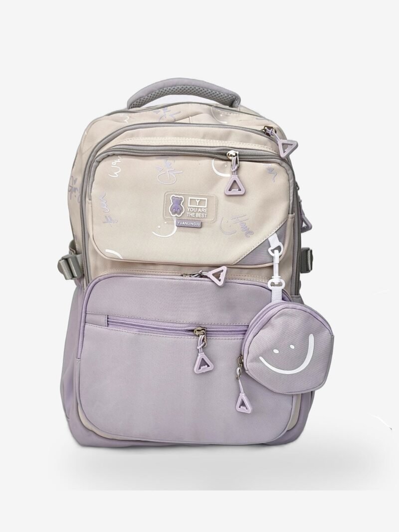 Purple 1 Fashion purple backpack front view showing 16 x 12 inch dimensions with smiley mini pouch