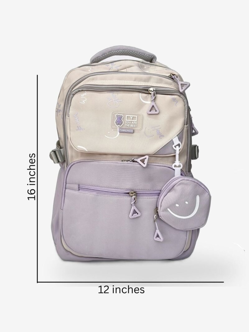 Purple 1 sizes Fashion purple backpack front view showing 16 x 12 inch dimensions with smiley mini pouch