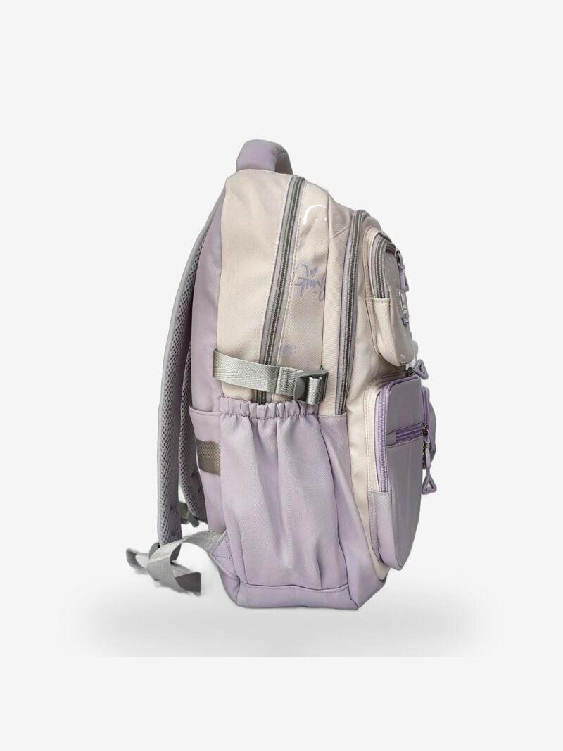 Purple 2 Fashion purple backpack front view showing 16 x 12 inch dimensions with smiley mini pouch
