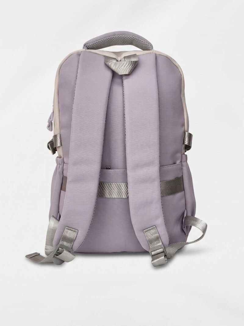 Purple 3 Fashion purple backpack front view showing 16 x 12 inch dimensions with smiley mini pouch